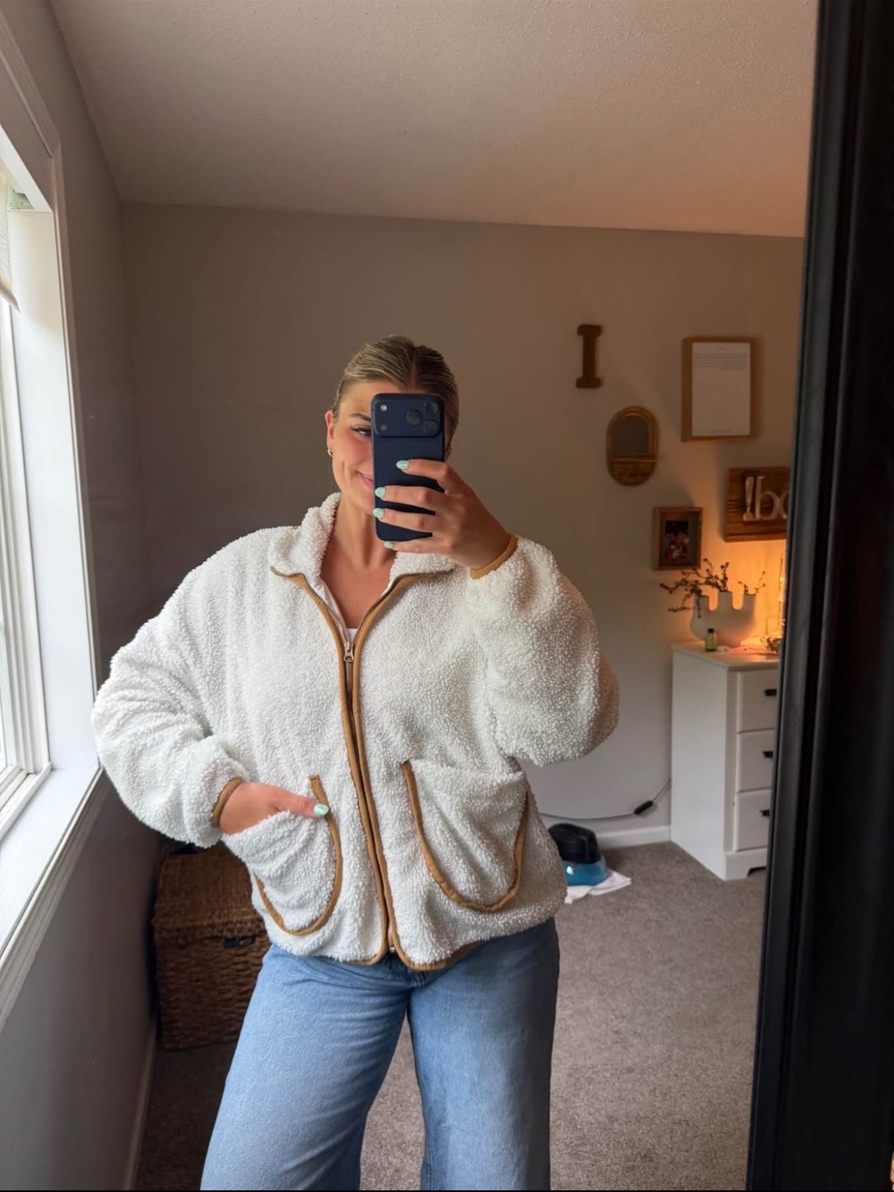 Women's Cream Teddy Sherpa Zip Jacket with Tan Trim